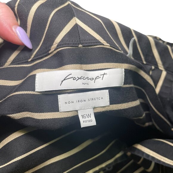 Foxcroft NYC 16W Black Tan Striped Non-Iron Stretch Button Down Blouse - Picture 2 of 7